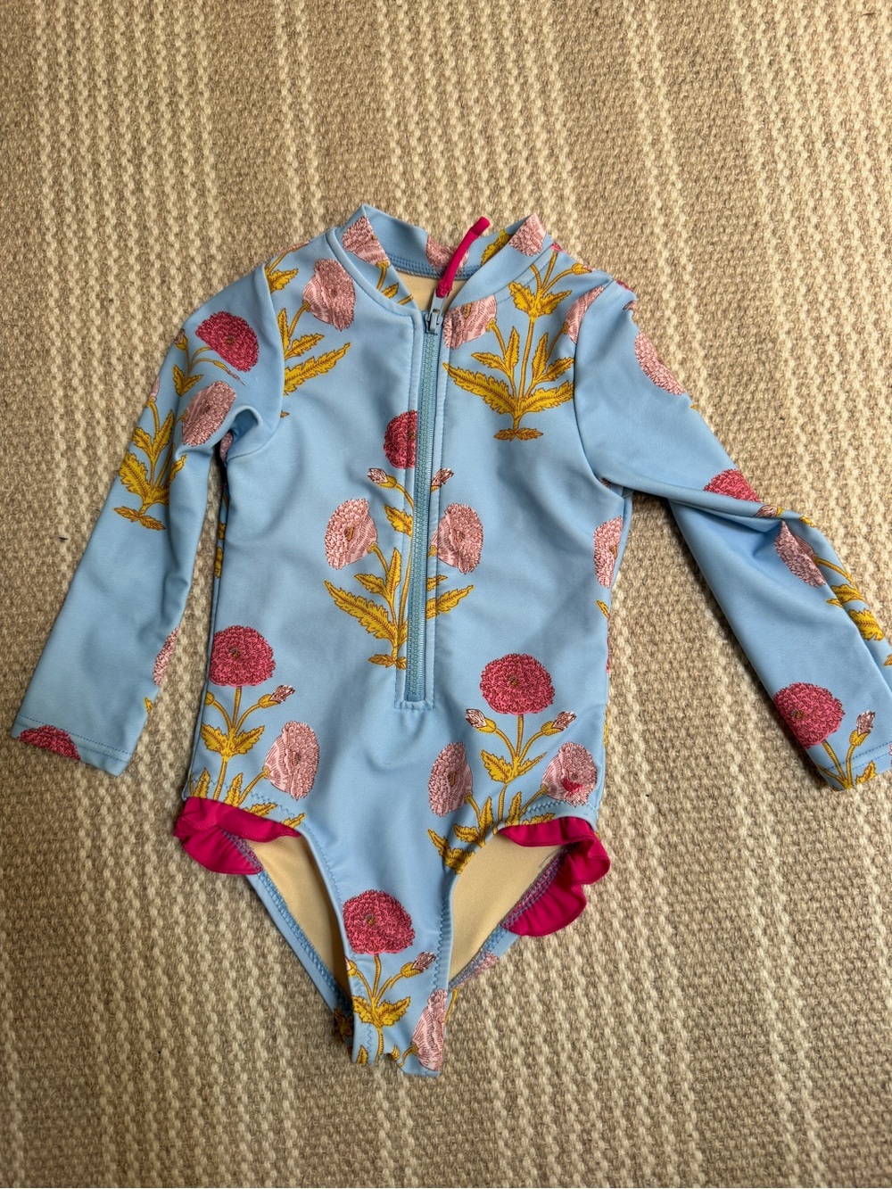 Pink chicken girl  Long-Sleeve Floral One-Piece Swimsuit in Blue